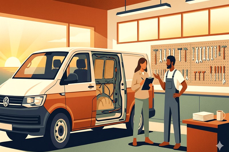 Person with clipboard talking to converter in a VW campervan workshop