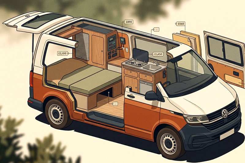 VW T5 campervan interior with fitted walnut furniture