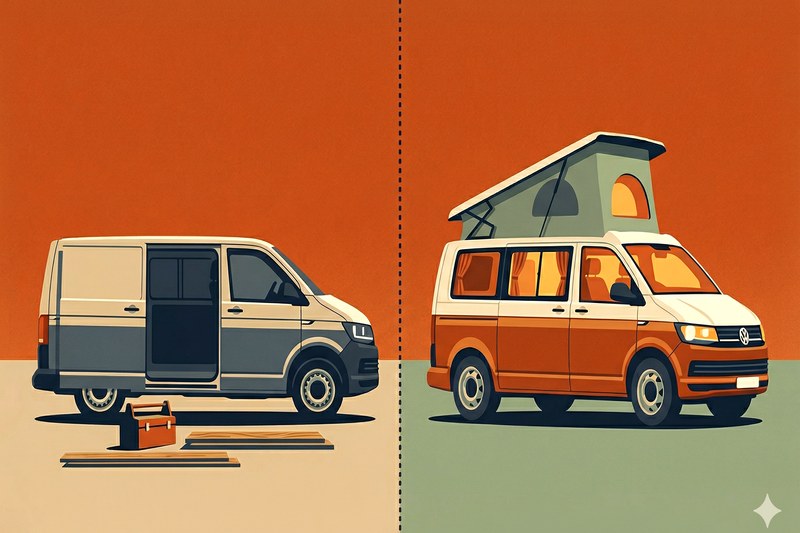 Split illustration - bare panel van on one side, fully converted campervan on the other