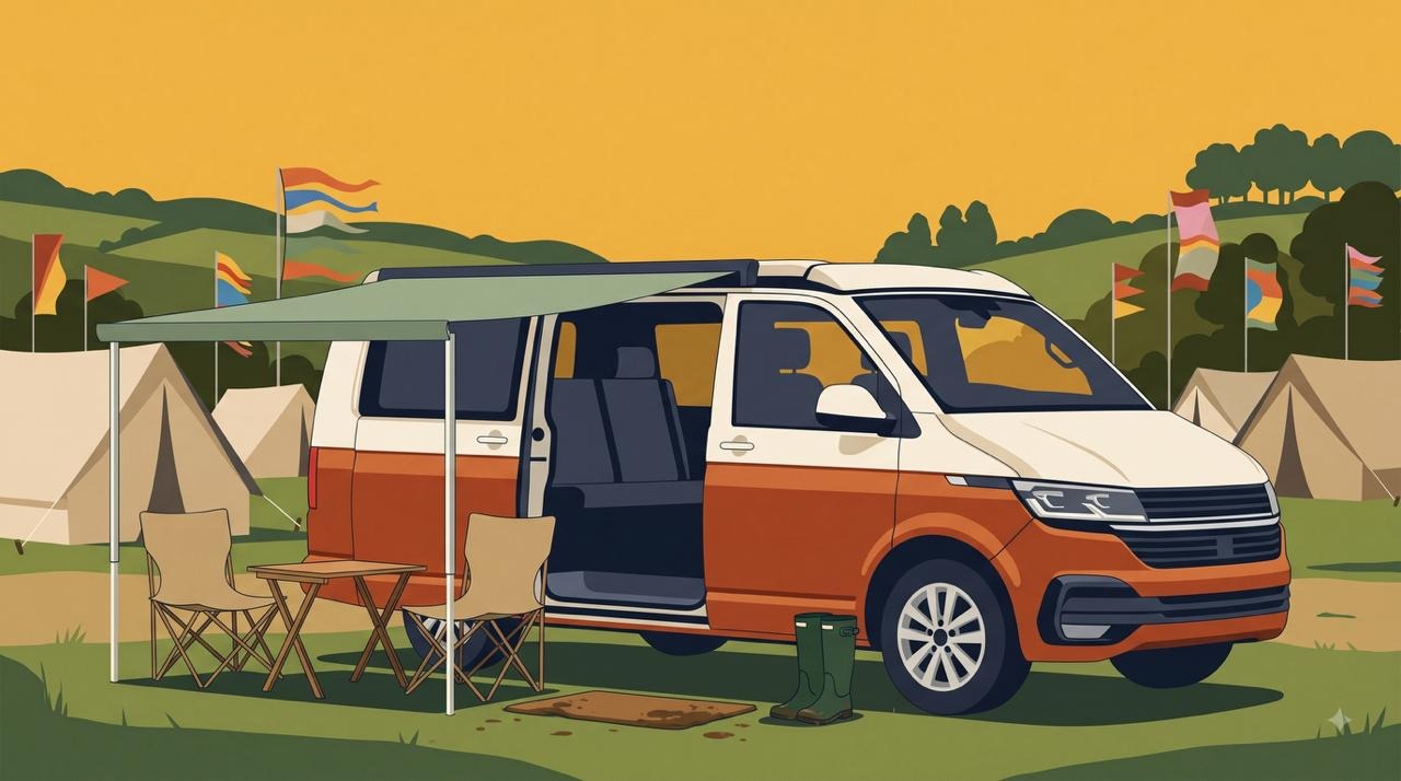 VW campervan set up at a summer festival campsite with awning, chairs and evening lights