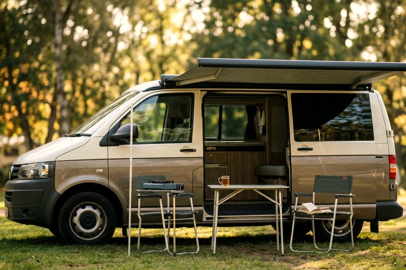 Campervan awning set up at a campsite