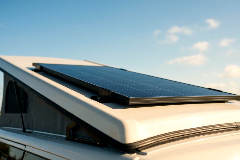 Solar panel mounted on a VW Transporter campervan roof